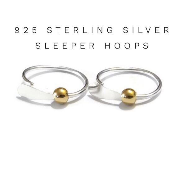 Small 925 Sterling Silver Hammered Lip Sleeper Hoop Earrings with Gold Bead - Picture 1 of 7